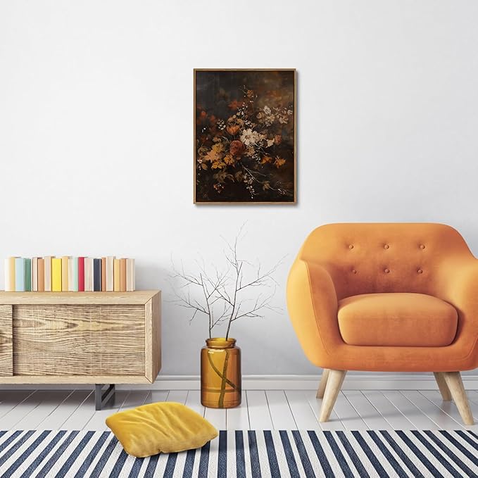Framed Vintage Floral Wall Art Dark Moody Flower Wall Decor Paintings Botonical Prints Fall Antique Posters Pictures Canvas Artwork for Living Room Bedroom 16x24in