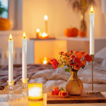 OCATO Flameless Candles with Remote Timer: 8 Pcs Battery Operated Window Candles 9.6" Real Wax LED Flickering Flameless Taper Candles 3D Wick Lights Halloween Christmas Wedding Party Decorations White