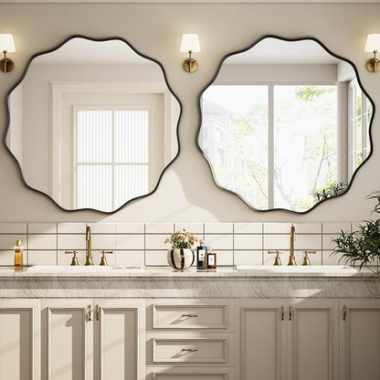 Round Wavy Mirror 36 Inch Bathroom Vanity Mirror Metal Frame Circle Wall Mounted Mirror for Bedroom Living Room Entryway Black
