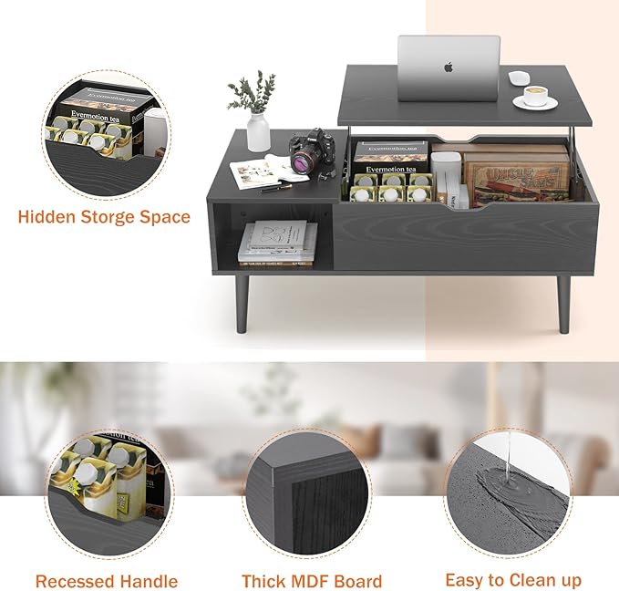 Sweetcrispy Coffee Table Lift Top Coffee Tables for Living Room,Small Rising Wooden Center Tables with Storage Shelf and Hidden Compartment, Black