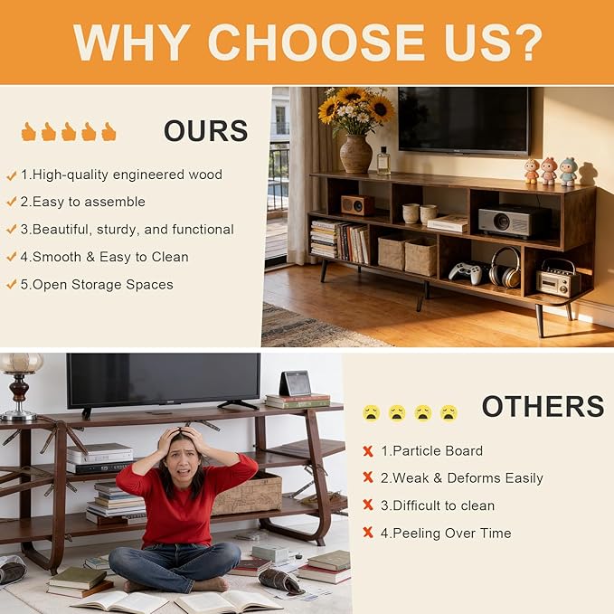 Lightdot 65 Inch TV Stand, up to 75 Inch TVs, Large Storage for Collection with 8 Open Shelves, Sturdy Media Console Table for Living Room/Entrance/Kitchen/Sofa Cabinet, Easy Assembly, Amber