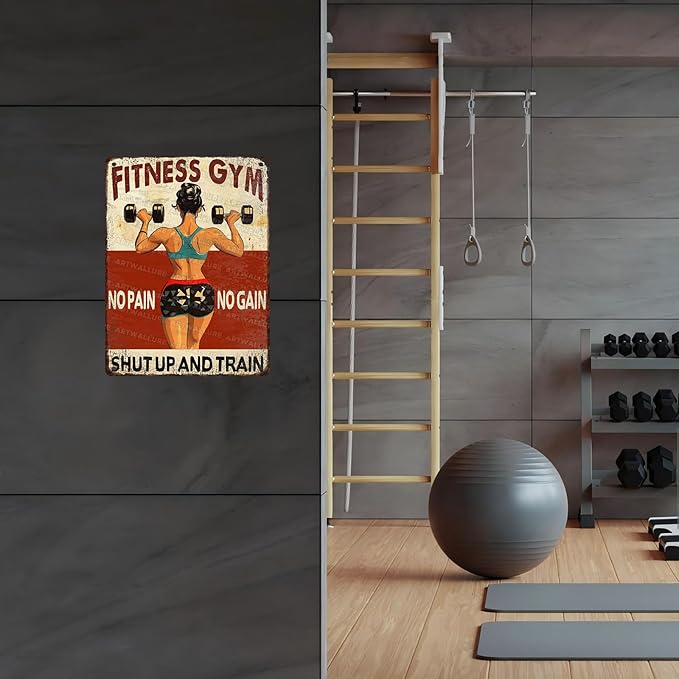 Fitness Gym Vintage Tin Sign No Pain No Gain And Train Metal Tin Signs Funny Weightlifting Workout Decor Gym Poster Room Wall Art 12x16inch