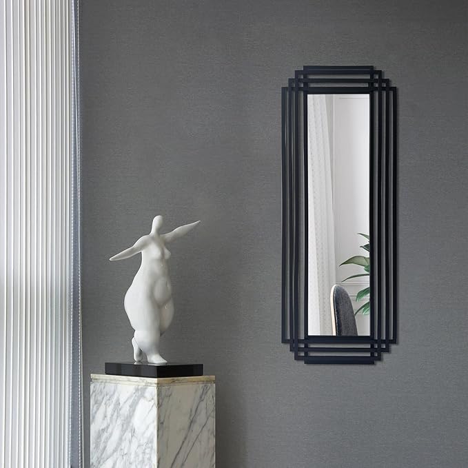 Geometric Wall Mirror, 42"x16" Art Deco Mirror wirh Black Metal Frame, Modern Rectangle Aesthetic Mirrors for Living Room Bedroom Entryway Hallway, Hangs Vertically or Horizontally