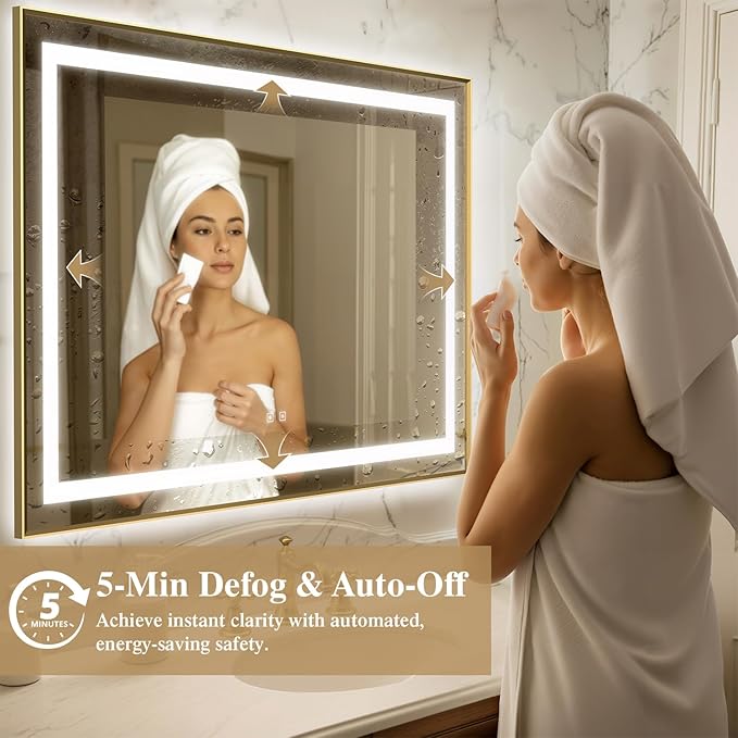40X32 Inch LED Bathroom Mirror with Lights, Gold Frame Frontlit+ Backlit Bathroom Vanity Mirror for Wall, Ultra-Clear Tempered Glass, Shatter-Proof, Anti-Fog and Memory Function, ETL Listed