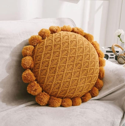 IXITON Round Creative Knitting Pompoms Pillow Sunflower Pillow Decorative Cushion Throw Pillow with Insert Plush Pillow for Couch Sofa Bed, 20 Inch (Brown)