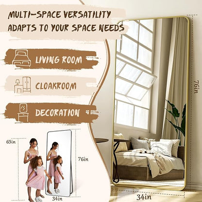 XRAMFY 76"x34" Floor Full Length Mirror Standing Full Body Rounded Corner Rectangle Mirrors with Stand Hanging Wall Mounted Leaning Bedroom Living Room Bedroom Cloakroom,Gold