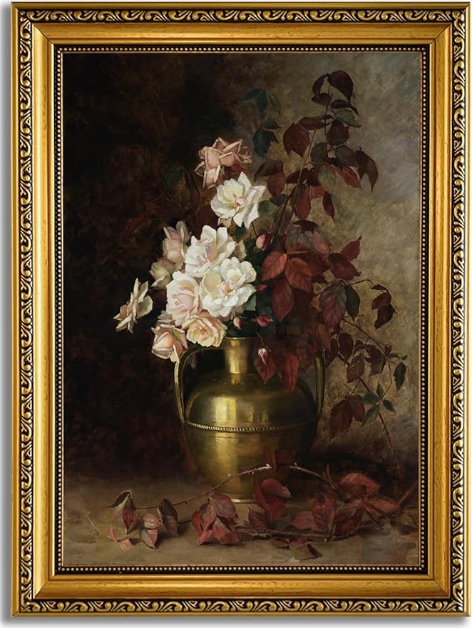 YD&YZY Gold Framed Vintage Wall Art Canvas Rose Bouquet Flower Wall Decor Still Life Dark Moody Aesthetic Art Painting Picture Print Artwork for Living Room Bedroom Bathroom Office 12x16 inch Framed