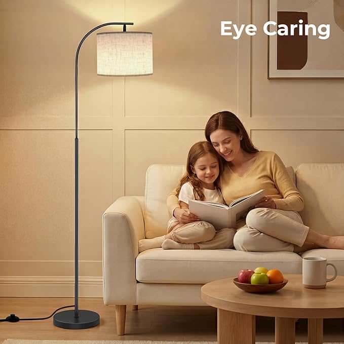 SIBRILLE Floor Lamp with Linen Shade, Arc Dimmable Tall Standing Lamp with Remote Control, Modern Floor Reading Light for Living Room Bedroom Office Corner, 9W LED Bulb Included