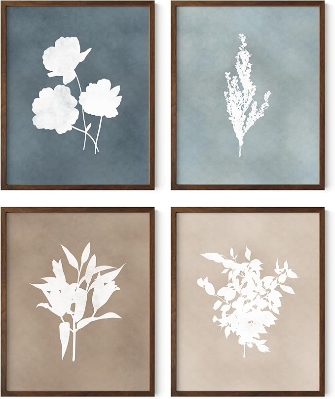 HAUS AND HUES Floral Wall Art - Set of 4 Plant Posters for Wall Vintage Botanical Prints, Flower Pictures for Room Aesthetic, Vintage Art Prints Flower Wall Art (Walnut Frame, 16x20)