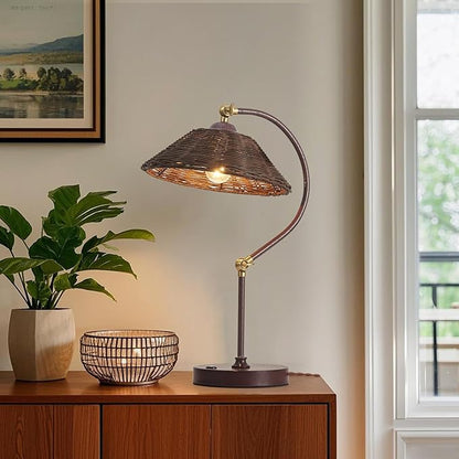 2 Pack Woven Rattan Table Lamp, Boho Plug in Handmade Rattan Shade & Anti-Rust Iron Base Desk Lamp, Plug & Play Vintage Dark Brown Bedside Lamp for Living Room, Office, Bedroom 【Bulb Included】