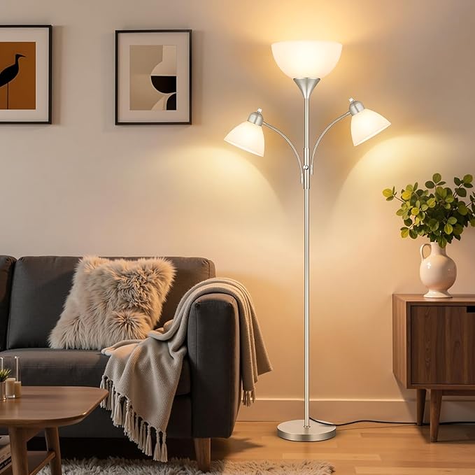 Coucrek Torchiere Floor Lamps for Living Room,72" Dimmable Lamp with 2 Adjustable Reading Lights for Bedroom, Tall Standing Room Lamp, 3 Bulbs Included