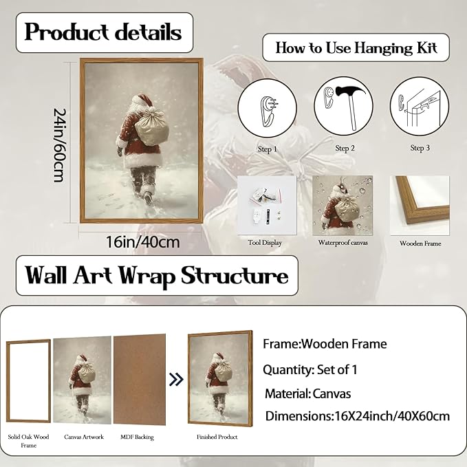 Framed Vintage Christmas Canvas Wall Art, Rustic Santa Claus Walking Snowy Wall Decor Paintings, Winter Holiday Aesthetics Pictures Print Christmas Home Decor for Living Room Bedroom 16x24inch