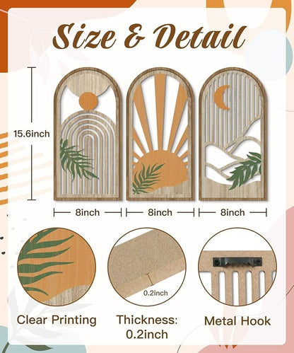 Putuo Decor Boho Plant Wall Art, Wood Modern Minimalist Wall Decor, Abstract Sun Inspired Room Decorations 16x8 In Mid Century Artwork for Living Room Bedroom Office in Sunrise Earthtone Set of 3
