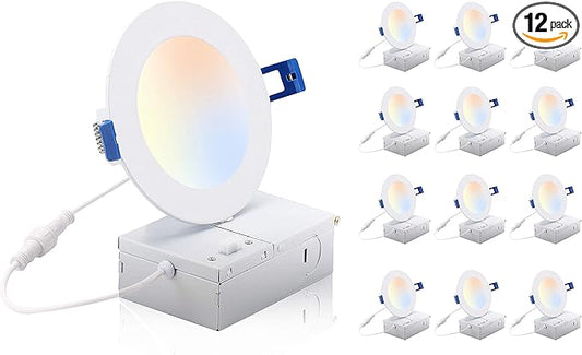 CLOUDY BAY 4 inch 3000K/4000K/5000K Three Color Temperature Selectable, Dimmable 10W CRI 90+, IC Rated,Ultra Thin Recessed Downlight with Junction Box, Canless Wafer Downlight,White Finish, 12 Pack