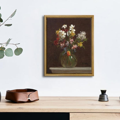 Pyradecor Vintage Framed Canvas Wall Art Retro Farmhouse Decor Flowers in Vase Canvas Prints Classical Floral Painting Artwork for Bedroom Office Decorations
