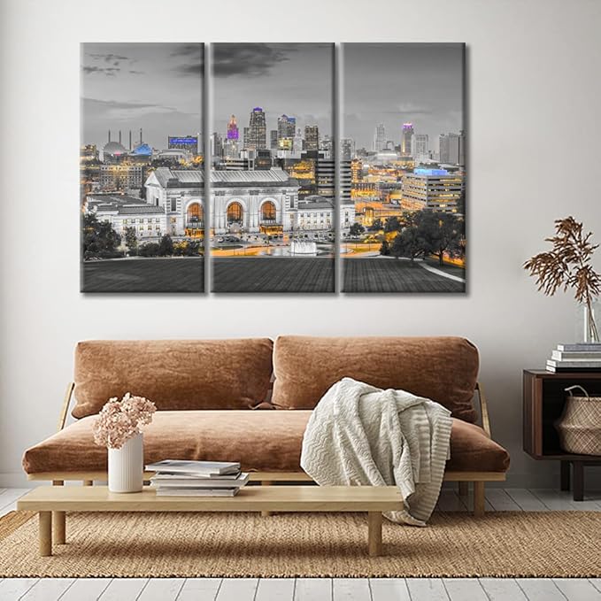 3 Panel City Skyline Black and White Wall Art Kansas City Missouri Skyline Wall Decor for Living Room Skyscrapers Artwork Wall Decor for Bedroom Posters and Prints Framed Ready to Hang (36"Wx24"H)