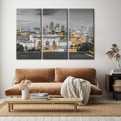 3 Panel City Skyline Black and White Wall Art Kansas City Missouri Skyline Wall Decor for Living Room Skyscrapers Artwork Wall Decor for Bedroom Posters and Prints Framed Ready to Hang (36"Wx24"H)