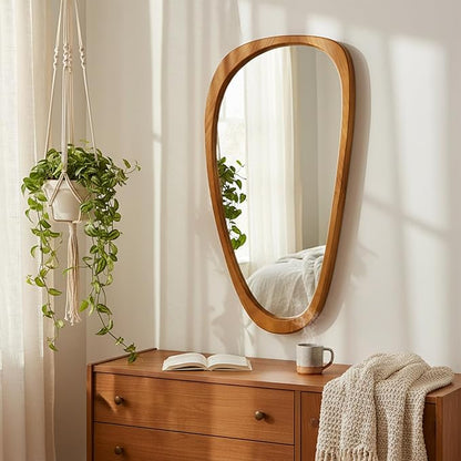 Solid Wood 48"x24" Large Aesthetic Wabi-Sabi Statement Mirror, Warm Walnut Full Length Irregular Mirror, Modern Organic Asymmetrical Wooden Wall-Mounted Mirror, Honey Walnut