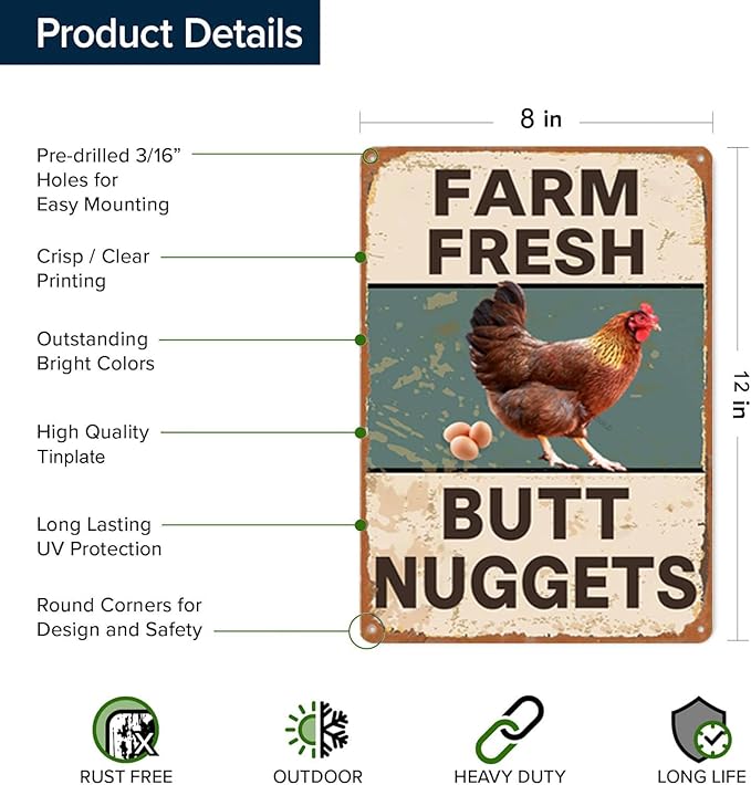 Vintage Metal Signs Chicken Coop Signs for Farm Yard Decor, Farm Tin Signs for Home Kitchen Outdoor Decor, Fresh Butt Nuggets - 8×12 in