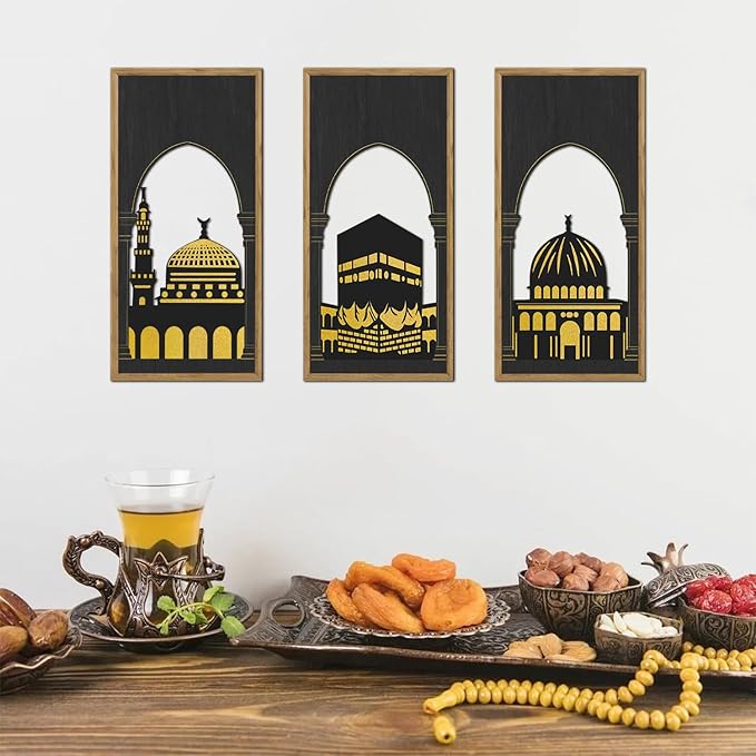 KAIRNE Eid al-Fitr Wooden Wall Art,3pcs 8”X16” Islamic Festival Decorations,Muslim Home Hanging Decor,Framed Mosque Wall Sculptures,Eid Ramadan Kareem Decoration,Rustic Religious Artwork Gift for Friend Family Living Room Bedroom Decor