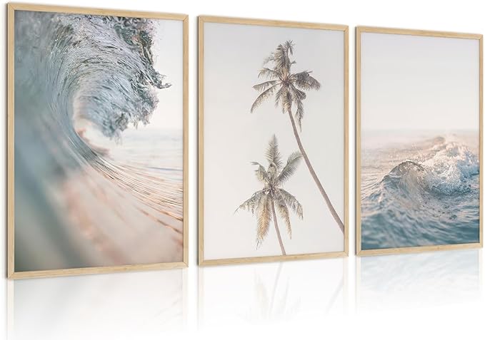 HDXUFJQ Beach Waves Wall Art Palm Tree Poster Light Blue Sea Wave Picture Prints Seawater Ocean Wave Canvas Wall Decor Coastal Coconut Trees Neutral Blue Sea Seascape Wall Decor Unframed(16x24 inch)