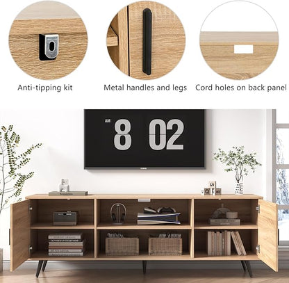 Mid Century Modern TV Stand - 70" for 75" TV, Wood with Storage, Entertainment Center for Living Room & Bedroom, Media Console, Oak