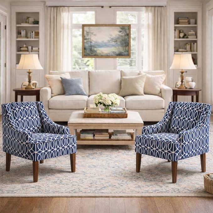 Homepop Home Decor Upholstered Classic Swoop Arm Accent Chair Accent Chairs for Living Room & Bedroom Decorative Home Furniture, Classic Navy Geometric