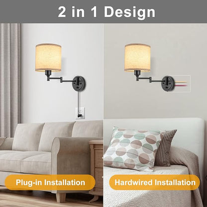 GOODATE ENCOMLI Dimmable Plug in Wall Sconces, Swing Arm Wall Lamp, Wall Sconces Set of Two, Plug in Wall Light, Sconces Wall Decor Set of 2, Linen Fabric Shade, 2pcs Bulbs Included