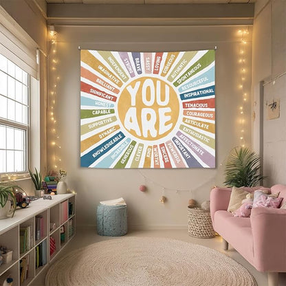 You Are Strong Wall Tapestry, Positive Affirmations Wall Hanging Decor, Self affirmation Poster Banner for Classroom, Counseling Office, Therapy Room, Teen Bedroom and Calm Down Corner(Colorful-You are)