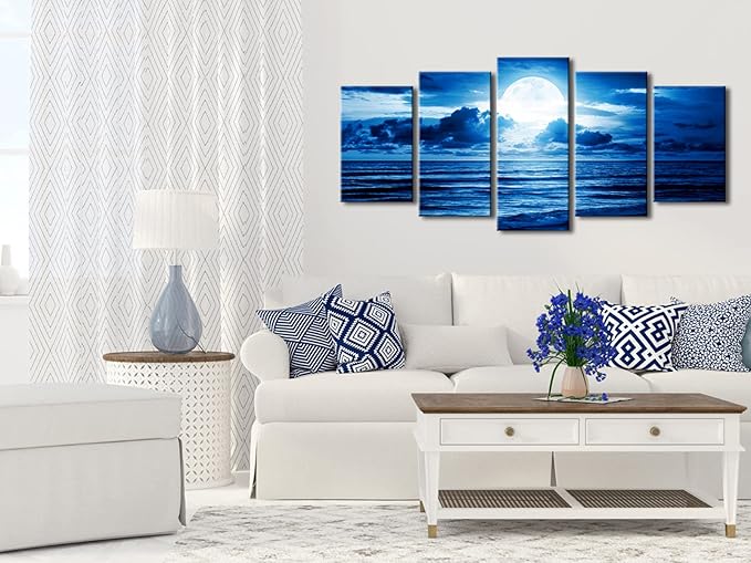 Pyradecor Blue Clouds Canvas Prints Wall Art Moon Sea Beach Pictures Paintings Ready to Hang for Living Room Bedroom Home Decor Modern 5 Piece Stretched Landscape Artwork