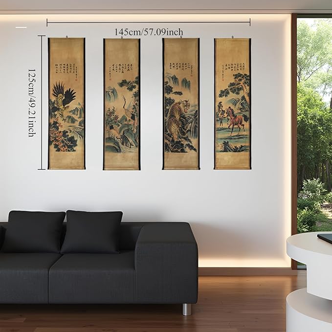 CIFIBIFUN Wall Asia Art Prints Posters Painting Eagle Crane Waterfall,4 Panels Paper Scroll,Home Walls Decor for Living Room Bedroom (Japan Painting)