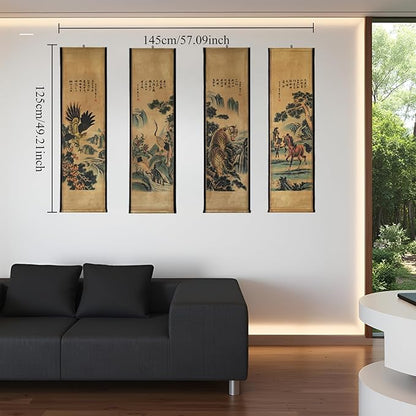 CIFIBIFUN Wall Asia Art Prints Posters Painting Eagle Crane Waterfall,4 Panels Paper Scroll,Home Walls Decor for Living Room Bedroom (Japan Painting)