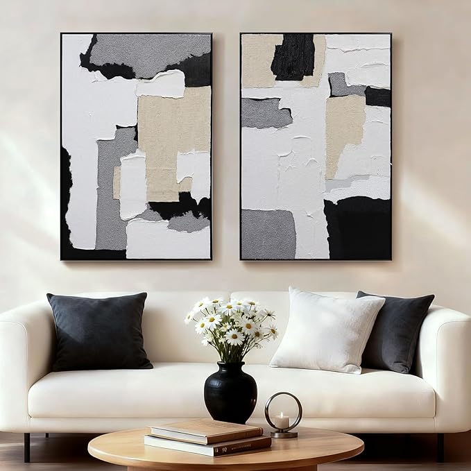 3D Textured Wall Art Hand-painted Neutral Black White Beige Tones Abstract Plaster Painting - Distressed Dimensional Minimalist Modern Living Room Bedroom Decor Framed Set of 2-24"x36" Each