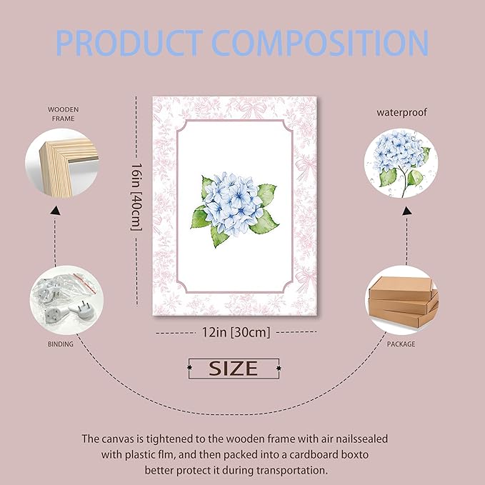 Blue Hydrangea Wall Art Set of 3, Preppy Blue Hydrangea Canvas Prints Poster Picture, Floral Aesthetic Wall Decor for Teen Girls Bedroom Dorm Apartment 12x16 Inch Framed