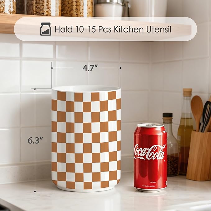 Checkered Utensil Holder,Ceramic Spatula Holder,Countertop Ceramic Utensil Holder,Large Cooking Utensil Crocks for Kitchen Counter Decor,Vase for Kitchen Utensils,H6.3 xD4.7(Brown and white)