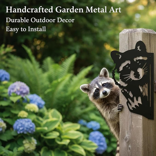 Quanqiuyi Funny Raccoon Wall Art - Rustproof Metal Sculpture for Outdoor Garden & Patio Decor, Wilderness Theme Novelty Gift