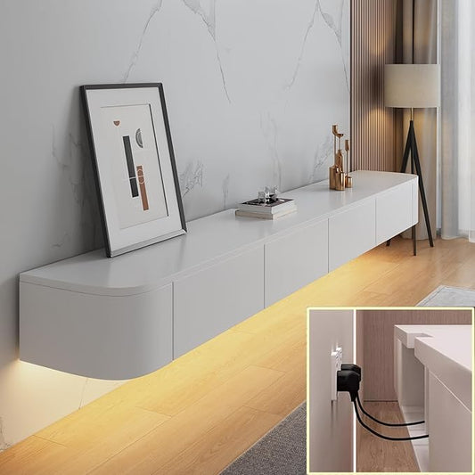 Floating TV Stand Large Floating TV Shelves Wall Mounted Multi Storage Compartment TV Media Console Floating TV Cabinet Bench Under TV Large Storage (White with Led, 110.2 * 7.9 * 9.4 in)