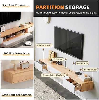 Modern Wall-Mounted Wooden TV Cabinet, Stylish Media Console Table with Drawers, Cable Management, Hollow Back, White Entertainment Center (Size: 200x24x20)