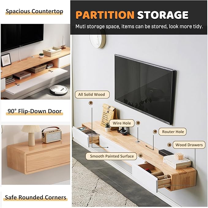 Modern Wall-Mounted Wooden TV Cabinet, White Media Console with Drawers & Cable Management, Stylish Entertainment Center for Living Room, Size: 160x24x20 cm