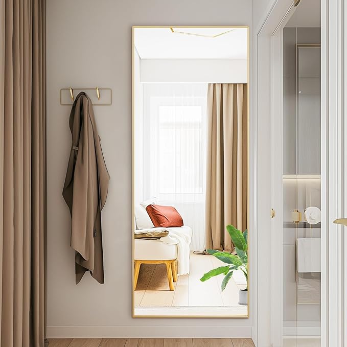DUMOS Full Length Mirror with Stand, 56"x15" Floor Mirror with Aluminum Alloy Frame for Bedroom, Standing Full Body Mirror with Shatter-proorf Nano Glass for wall, Living Room, Cloakroom, Gold