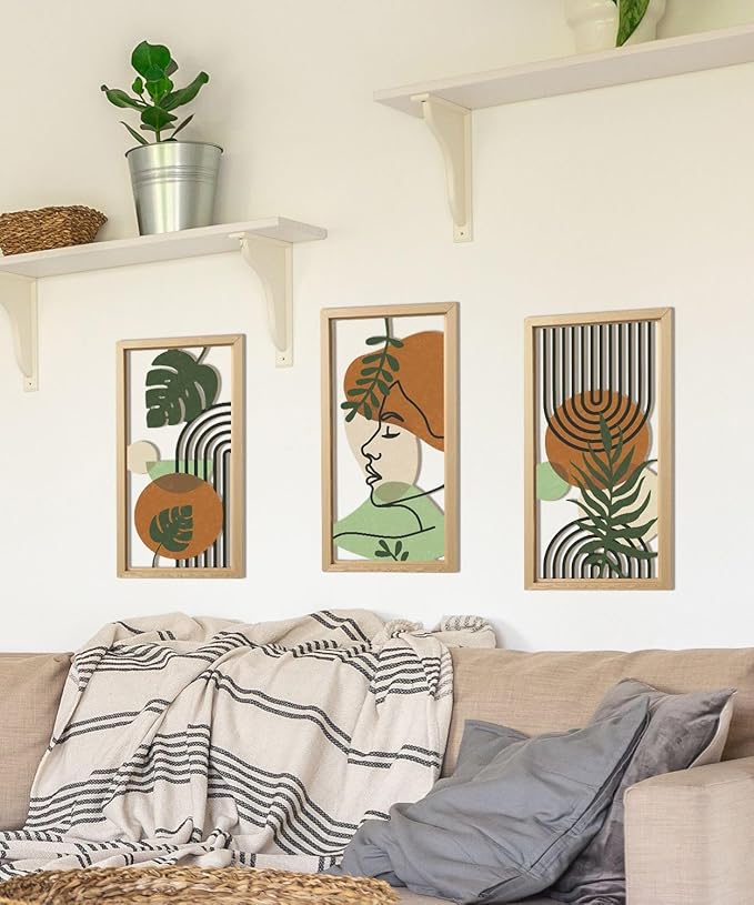 Putuo Decor Set of 3 Boho Wall Decor with Woman Face, Abstract Wall Art Botanical Cut-Out MDF Panels, Mid-Century Modern Aesthetic Artwork for Bedroom Living Room Office