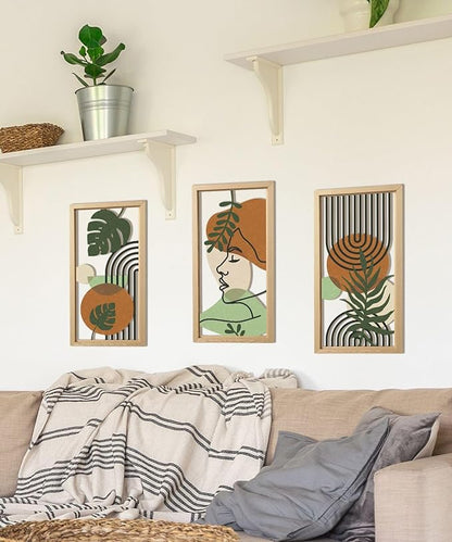 Putuo Decor Set of 3 Boho Wall Decor with Woman Face, Abstract Wall Art Botanical Cut-Out MDF Panels, Mid-Century Modern Aesthetic Artwork for Bedroom Living Room Office