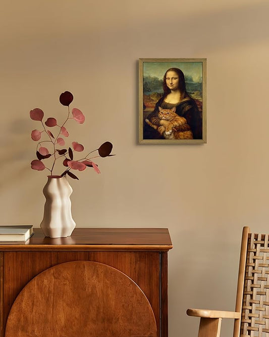 Funny Mona Lisa Cat Wall Art, Vintage Renaissance Mona Lisa Holding Orange Tabby Cat Canvas Print, Classic Abstract Art Painting Poster for Bathroom Living Room Bedroom Home Decor 8x10 Inch Framed