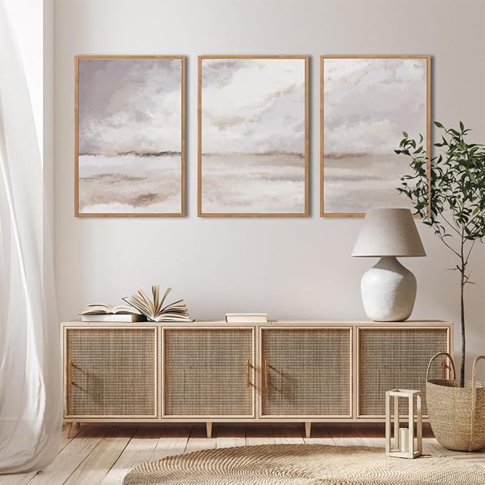 Large Neutral Abstract Framed Canvas Wall Art Set,Minimalist Gray and Beige Pastel Wall Decor,Modern Nature Misty Textured Art Painting for Living Room,Bedroom-16 x24 x3