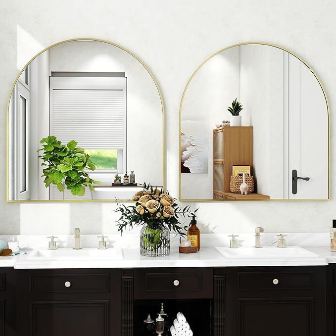 XRAMFY 31"x32" Arched Wall Mirror for Bathroom, Gold Vanity Mirror for Bedroom, Living Room, Entryway, Decorative Hanging Mirror for Wall
