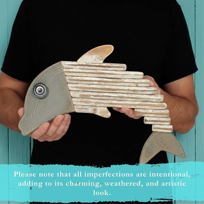 Handmade Driftwood Dolphin Nautical Wall Decor - 14" x 9.5" Wooden Rustic Coastal Wall Art for Living Room, Bedroom, Office, Bathroom - Ocean Beach Decoration (Skipper)