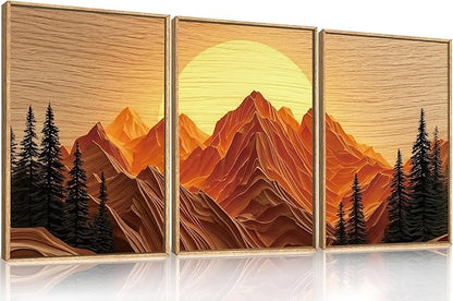 Large Mountain Framed Canvas Wall Art Set, Abstract Ridge Sun Painting, Boho Sunset Scenery Wall Decor,Modern Natural Landscape Art Print for Living Room,Bedroom,Office-24 x36 x3