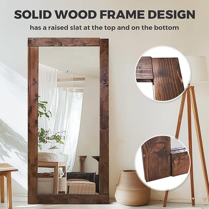 Full Length Mirror 71"x32" – Solid Wood Frame, HD Tempered Glass, Wall Mounted & Leaning, Rustic Modern Decor for Bedroom, Living Room, Entryway, Brown