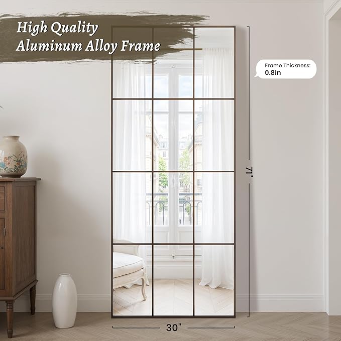 Anpark Windowpane Mirror Full Length 71"x30" Wall Mounted Mirror Faded Bronze Frame Vintage Distressed Art Pane Leaning Hanging Wall for Home Decor in Living Room Bedroom Hallway Entrance
