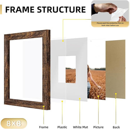YESKAY 8x8 Picture Frame Set of 9, Photo Gallery Wall Frame Set, Display Pictures 4x4 with Mat or 8 x 8 Without Mat, Square Frame Picture Frames Collage Wall Decor, Rustic Brown